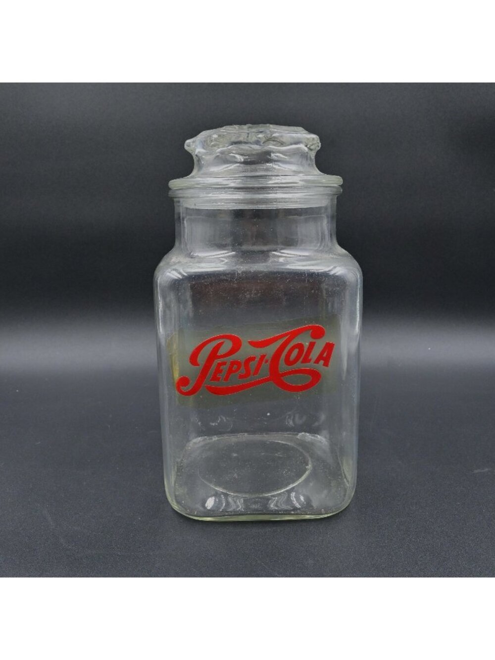 Pepsi Cola Glass Canister Candy Jar Molded Lid Vintage Kitchen Soda Advertising